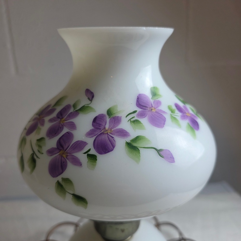 Vintage Petite Hand Painted Purple Violet Milk Glass Hurricane Lamp Brass Base - Picture 3 of 15
